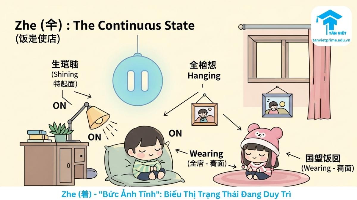 Hình ảnh minh họa phong cách chibi Hàn Quốc dễ thương giải thích cách dùng trợ từ Zhe (着) để biểu thị trạng thái tiếp diễn. Hình ảnh mô tả một căn phòng với các sự vật đang duy trì trạng thái tĩnh như đèn đang sáng, tranh đang treo, người đang đội mũ, giúp làm rõ khái niệm "chiếc ghim trạng thái" trong ngữ pháp tiếng Trung