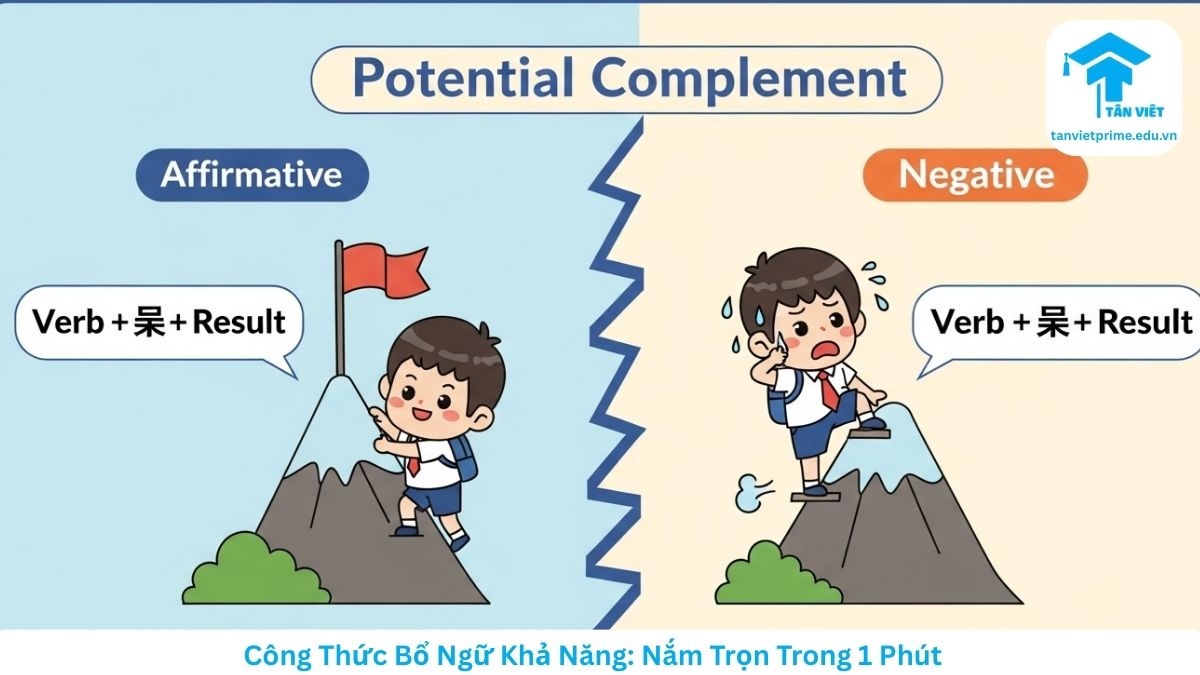 Sơ đồ tư duy minh họa cấu trúc Bổ ngữ khả năng tiếng Trung thể khẳng định và phủ định thông qua hình ảnh nhân vật chibi leo núi dễ thương.