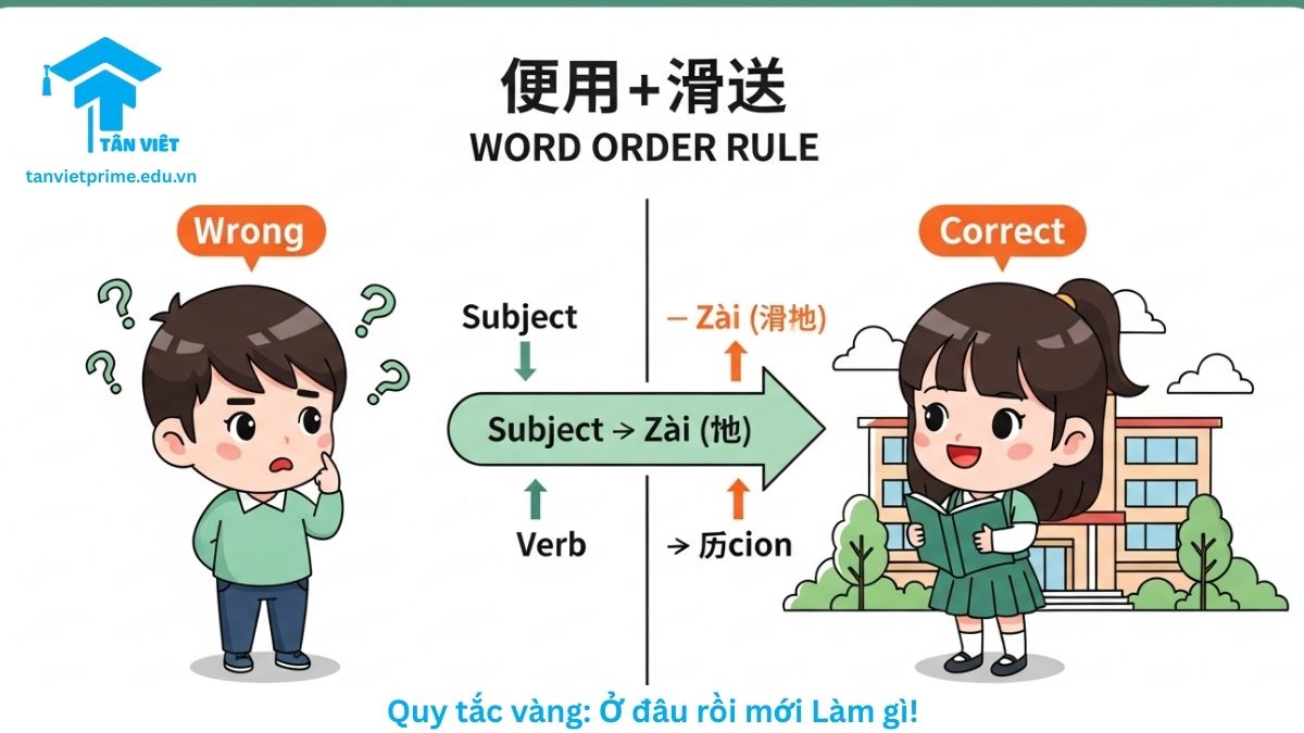 Hình ảnh minh họa cấu trúc ngữ pháp tiếng Trung đúng: Chủ ngữ + Tại địa điểm + Hành động, giúp phân biệt lỗi sai trật tự từ thường gặp.