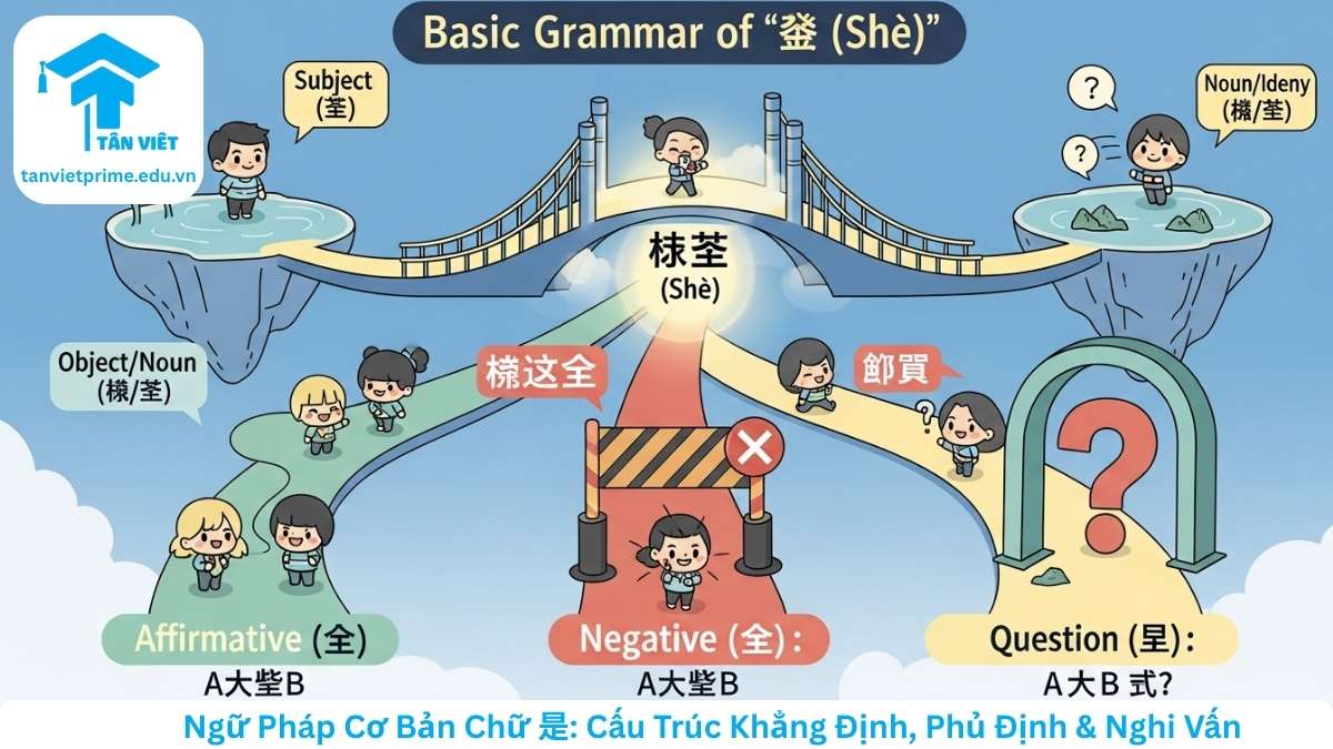 Ngữ Pháp Chữ 是 (Shì) Trong Tiếng Trung: Cách Dùng & Lỗi Sai Cần Tránh 2 Infographic minh họa cấu trúc ngữ pháp cơ bản của chữ 是 trong tiếng Trung, mô tả cách kết nối chủ ngữ và danh từ trong câu khẳng định, phủ định và nghi vấn. Hình ảnh sử dụng các nhân vật chibi dễ thương để làm rõ chức năng định nghĩa danh tính của 是.