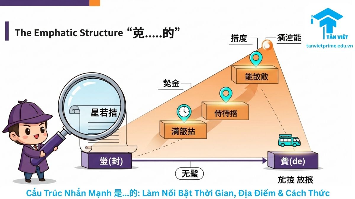 Ngữ Pháp Chữ 是 (Shì) Trong Tiếng Trung: Cách Dùng & Lỗi Sai Cần Tránh 3 Sơ đồ minh họa cấu trúc nhấn mạnh 是...的 trong tiếng Trung, mô tả một thám tử chibi dùng kính lúp để làm nổi bật các yếu tố thời gian, địa điểm hoặc cách thức của một hành động đã xảy ra trong quá khứ. Giúp người học hiểu cách dùng cấu trúc này để nhấn mạnh chi tiết.