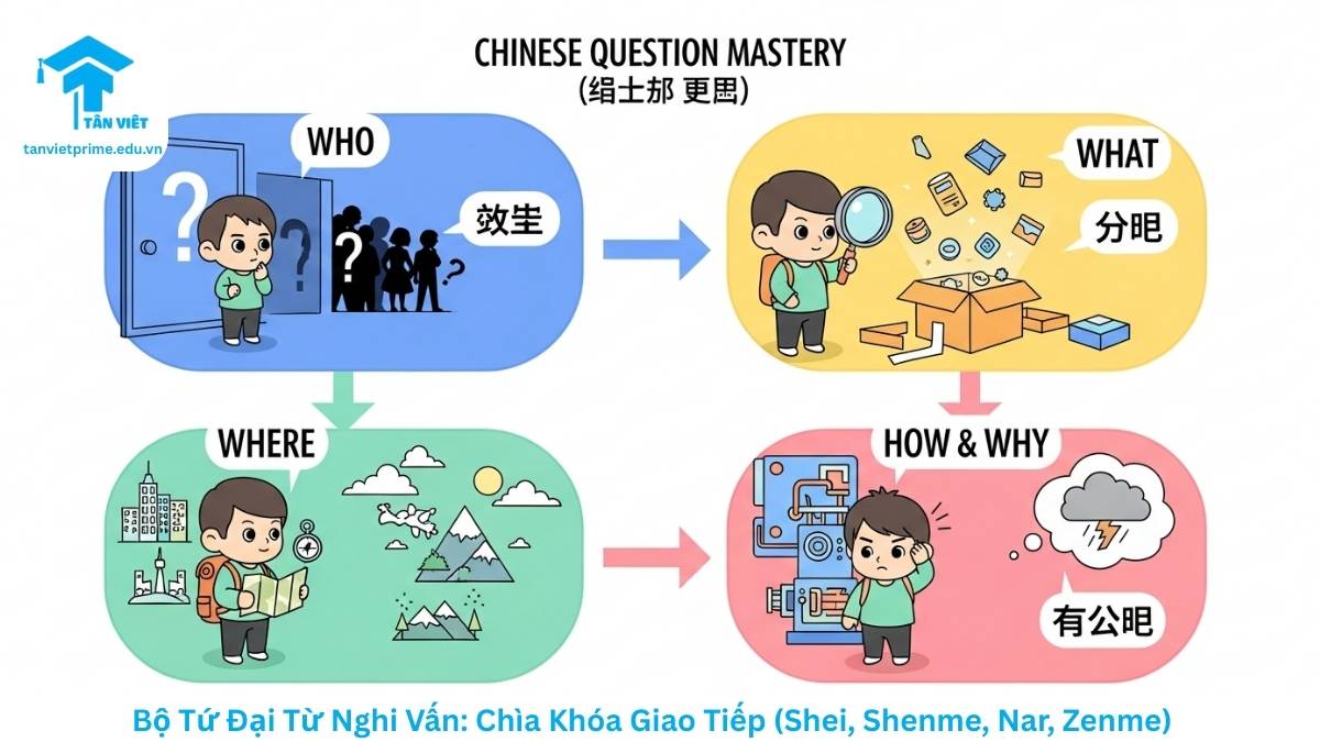 Infographic tổng hợp 4 đại từ nghi vấn tiếng Trung cốt lõi: 谁 (Ai), 什么 (Cái gì), 哪儿 (Ở đâu), 怎么 (Thế nào). Hình ảnh minh họa chibi dễ thương giúp người mới học dễ dàng ghi nhớ chức năng cơ bản của từng từ để hỏi trong ngữ pháp HSK 1.