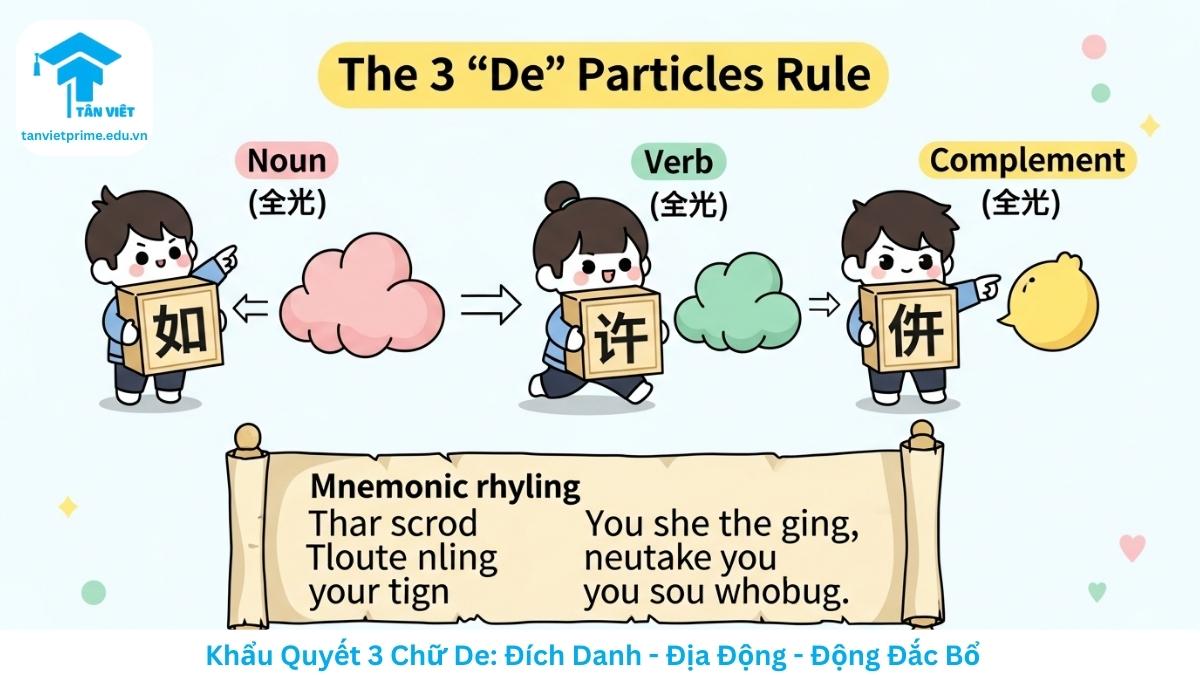 Cách Dùng 3 Chữ "De" (的, 地, 得): Mẹo Nhớ Nhanh & Tránh Lỗi Sai 2 Infographic sơ đồ tư duy tổng quan về 3 trợ từ "De" (的, 地, 得) trong tiếng Trung. Hình ảnh minh họa phong cách chibi dễ thương với 3 nhân vật đại diện cho Đích (trước danh từ), Địa (trước động từ) và Đắc (sau động từ), kèm khẩu quyết ghi nhớ nhanh.