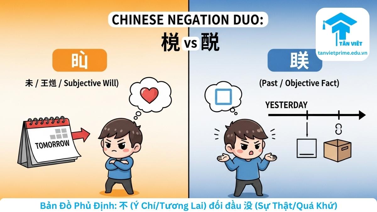 Infographic so sánh hai phó từ phủ định tiếng Trung 不 (bù) và 没 (méi) theo phong cách chibi dễ thương. Hình ảnh minh họa sự khác biệt cốt lõi: bên trái (不) biểu thị ý chí chủ quan và thì tương lai, bên phải (没) biểu thị sự thật khách quan và quá khứ. Giúp người mới bắt đầu học tiếng Trung phân biệt ngữ pháp dễ dàng.