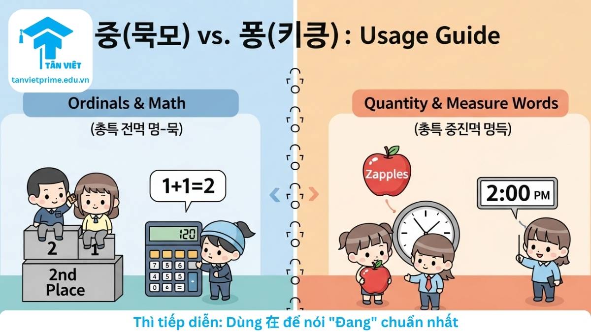 Infographic so sánh cách dùng 二 và 两 trong tiếng Trung, sử dụng hình ảnh chibi dễ thương để phân biệt giữa chức năng số thứ tự/toán học của "Nhị" và chức năng chỉ số lượng/thời gian của "Lưỡng"
