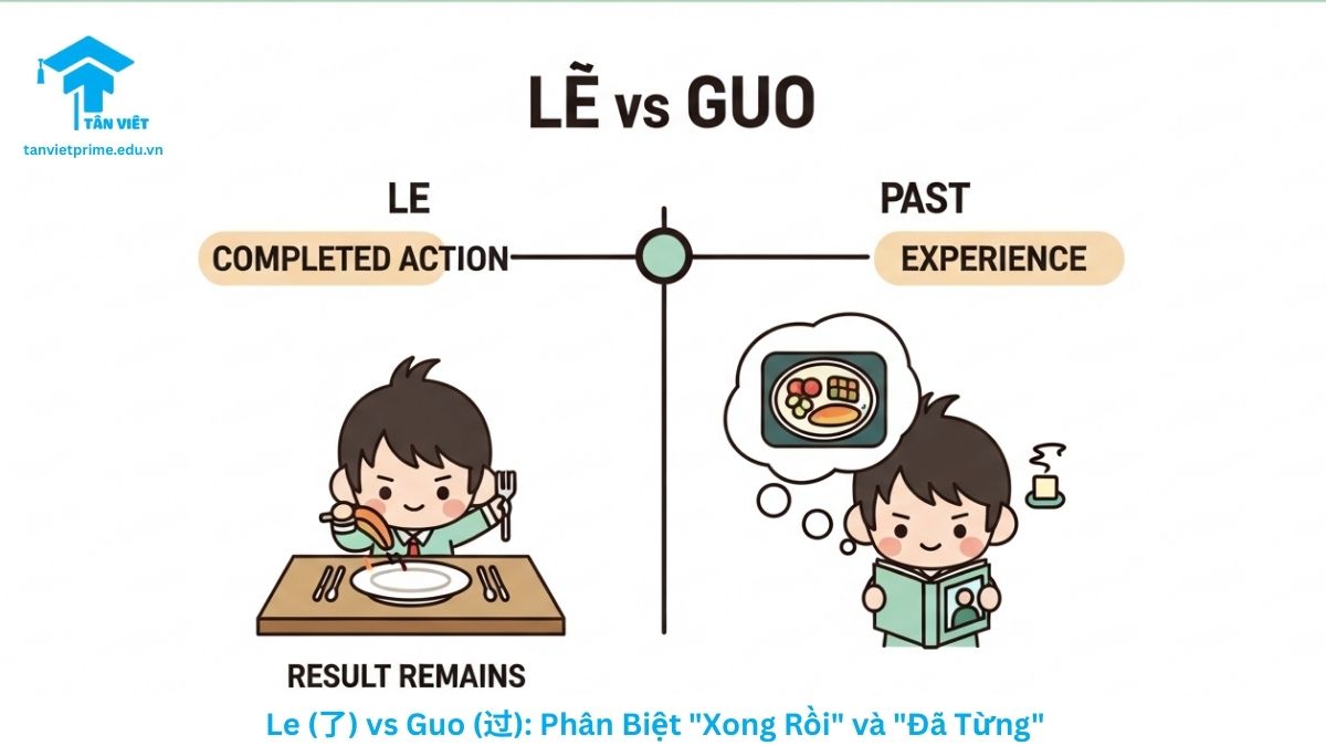 Sơ đồ so sánh Le và Guo trong tiếng Trung, minh họa sự khác biệt giữa hành động đã hoàn thành (Le) và trải nghiệm trong quá khứ (Guo) thông qua hình ảnh chibi ăn cơm và xem album ảnh. Giúp phân biệt ngữ pháp HSK cơ bản.