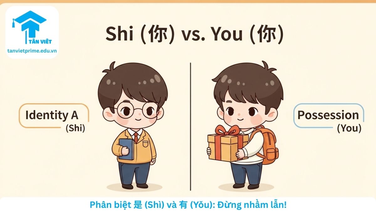 Sơ đồ so sánh chữ Shi và chữ You, mô tả nhân vật giáo viên (định danh) và nhân vật cầm quà (sở hữu) để làm rõ sự khác biệt ngữ pháp tiếng Trung.