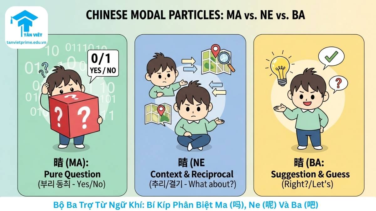 Phân Biệt Ma (吗) và Ne (呢) Trong 5 Phút: Mẹo Nhớ Nhanh & Ví Dụ 2 Infographic so sánh ba trợ từ ngữ khí tiếng Trung Ma (吗), Ne (呢) và Ba (吧), sử dụng các nhân vật chibi dễ thương để minh họa chức năng cốt lõi: Ma hỏi Có/Không, Ne hỏi lại hoặc hỏi ngữ cảnh, Ba dùng để gợi ý hoặc phán đoán. Hình ảnh giúp phân biệt nhanh ngữ pháp HSK cơ bản.