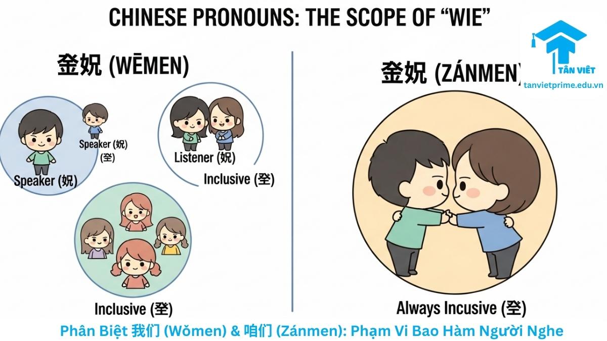 Infographic so sánh phạm vi sử dụng của đại từ 我們 (Wǒmen) và 咱們 (Zánmen) trong tiếng Trung. Hình ảnh minh họa bằng các nhân vật chibi dễ thương và vòng tròn tập hợp, cho thấy 我们 có thể bao gồm hoặc loại trừ người nghe, trong khi 咱们 bắt buộc phải bao gồm cả người nói và người nghe, giúp người học tránh nhầm lẫn ngữ pháp.