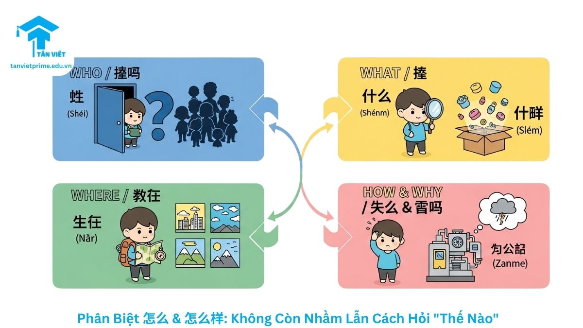 Hình ảnh minh họa so sánh sự khác biệt ngữ pháp giữa 怎么 (hỏi phương thức/nguyên nhân, đứng trước động từ) và 怎么样 (hỏi cảm nhận/tính chất, đứng cuối câu). Sơ đồ giúp người học phân biệt rõ ngữ cảnh sử dụng để tránh lỗi sai phổ biến.