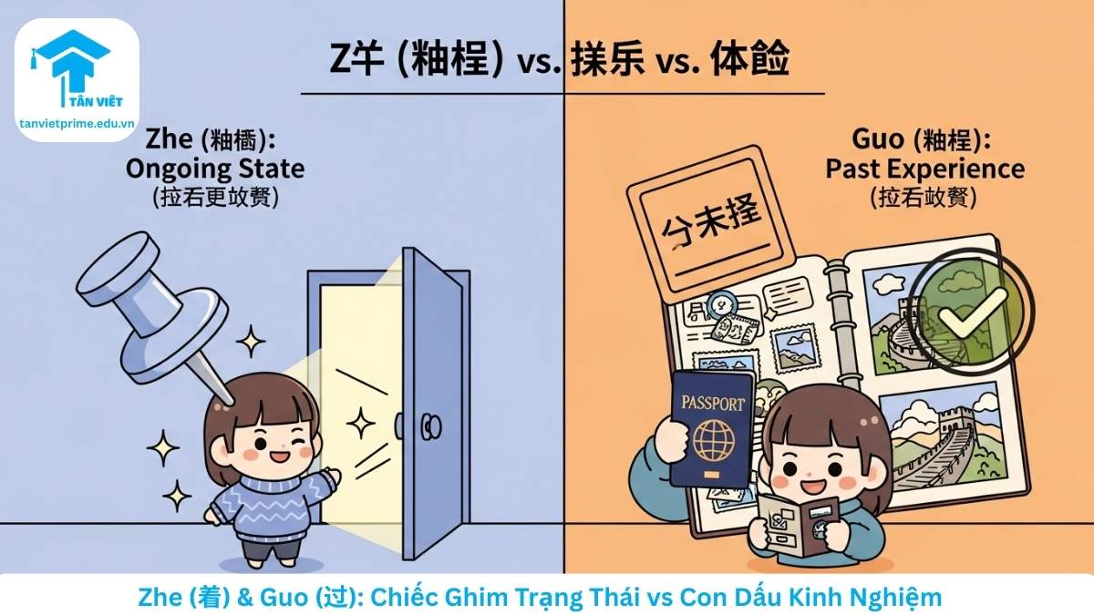 Infographic so sánh phong cách chibi dễ thương giải thích sự khác biệt chính giữa Zhe (着) và Guo (过). Bên trái minh họa Zhe như một "chiếc ghim trạng thái" đang tiếp diễn (cửa đang mở), bên phải minh họa Guo như một "con dấu kinh nghiệm" đã hoàn thành trong quá khứ (đã từng đi du lịch). Giúp người học phân biệt nhanh cách dùng hai trợ từ tiếng Trung.