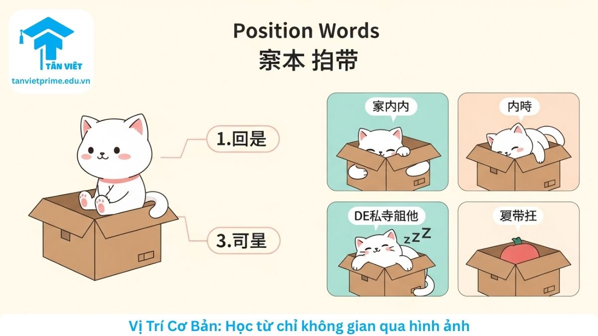 Infographic minh họa phương vị từ tiếng Trung qua hình ảnh chú mèo và cái hộp, mô tả các vị trí trên, dưới, trong, ngoài để làm rõ cách dùng từ 上, 下, 里, 外. Giúp người học dễ dàng ghi nhớ từ vựng chỉ vị trí qua hình ảnh trực quan.