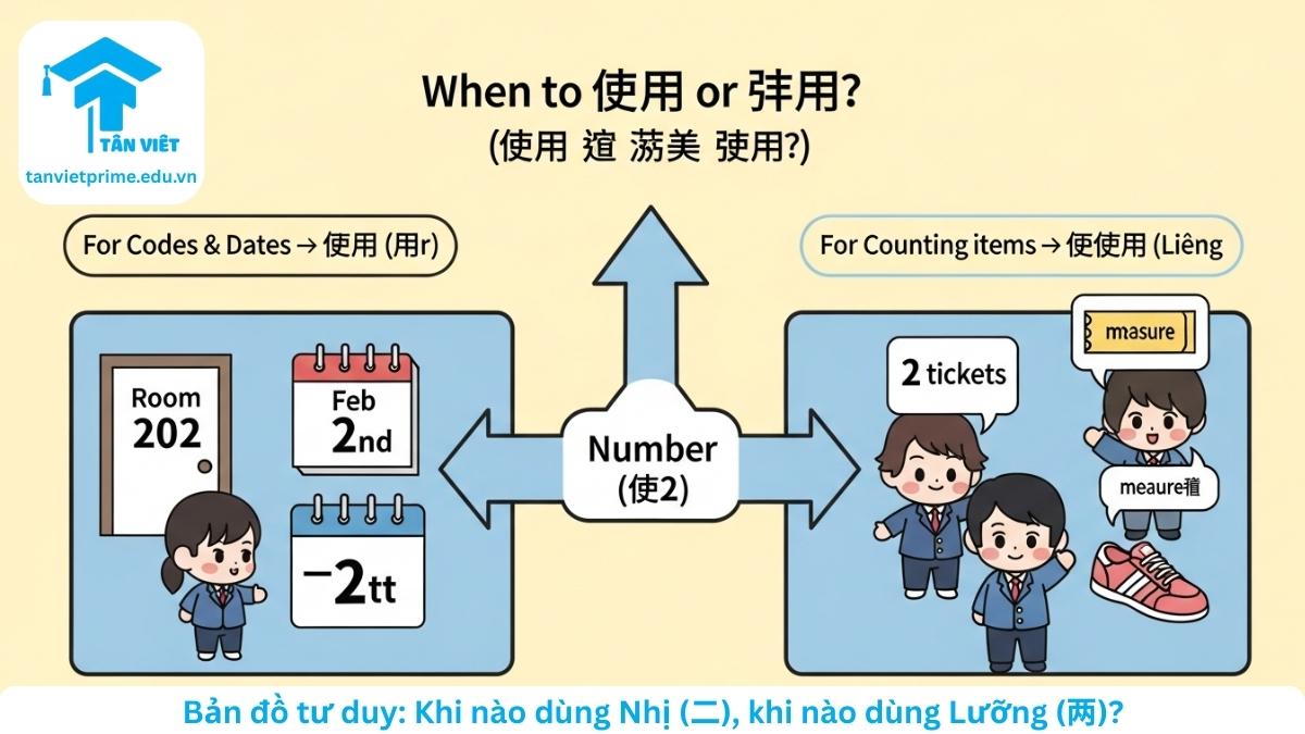 Sơ đồ tư duy minh họa các ngữ cảnh sử dụng số 2 trong tiếng Trung, với các nhánh hình ảnh chibi giải thích khi nào dùng 二 cho mã số, ngày tháng và khi nào dùng 两 để đếm đồ vật kèm lượng từ.