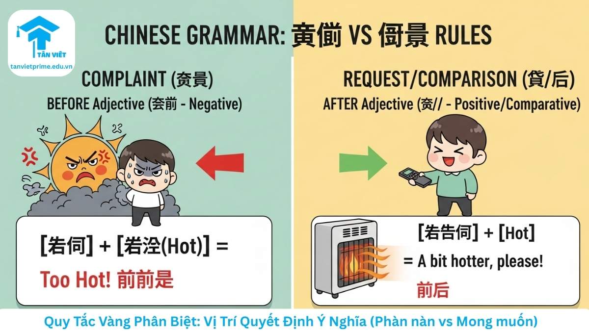 Lượng Từ 点 (Diǎn) & 一点 (Yīdiǎn): Cẩm Nang Phân Biệt Với 有点 (Yǒudiǎn) A-Z 2 Infographic sơ đồ so sánh quy tắc ngữ pháp tiếng Trung giữa 有点 và 一点. Hình ảnh minh họa trực quan vị trí 有点 đứng trước tính từ biểu thị sự phàn nàn (tiêu cực), trong khi 一点 đứng sau tính từ biểu thị yêu cầu hoặc so sánh (tích cực), giúp người học dễ dàng phân biệt.