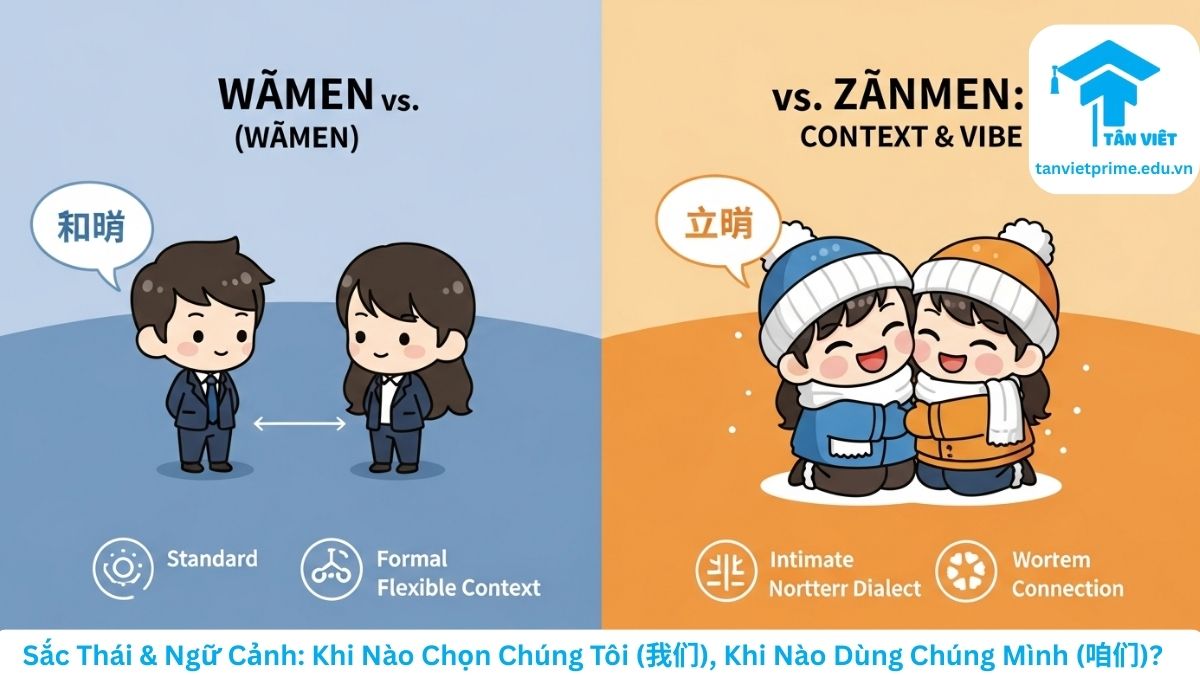 Hình ảnh minh họa phong cách chibi dễ thương so sánh sắc thái tình cảm giữa 我们 (Wǒmen) và 咱们 (Zánmen). Bên trái thể hiện sự trang trọng, chuẩn mực của 我们 với tông màu lạnh; bên phải thể hiện sự thân mật, gần gũi đặc trưng miền Bắc của 咱们 với tông màu ấm, giúp người học hiểu rõ ngữ cảnh sử dụng.