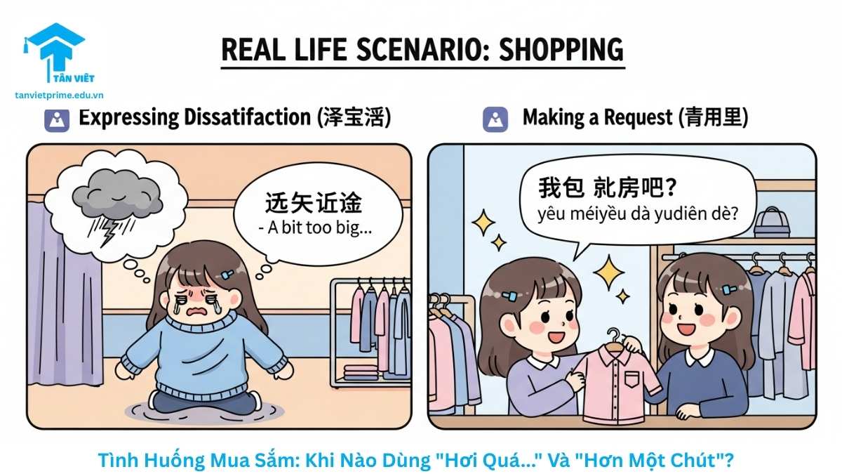 Lượng Từ 点 (Diǎn) & 一点 (Yīdiǎn): Cẩm Nang Phân Biệt Với 有点 (Yǒudiǎn) A-Z 3 Hình ảnh minh họa tình huống mua sắm thực tế sử dụng ngữ pháp tiếng Trung. Nhân vật chibi dùng "有点 大" để phàn nàn áo quá rộng và dùng "大 一点" để yêu cầu đổi size lớn hơn một chút. Giúp người học hiểu cách dùng trong giao tiếp.