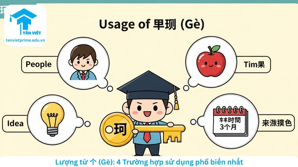 Sơ đồ tư duy tổng hợp cách dùng lượng từ 个 (gè) trong tiếng Trung, minh họa các nhóm danh từ phổ biến như người, hoa quả, thời gian và khái niệm trừu tượng.