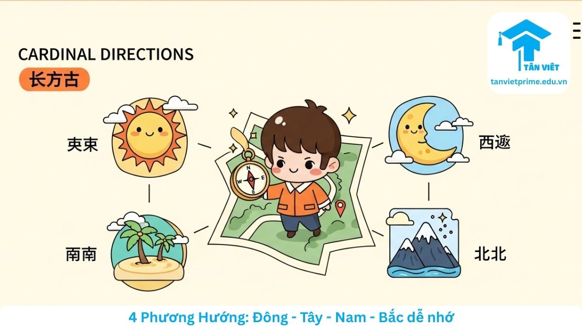 Hình ảnh minh họa 4 phương hướng Đông Tây Nam Bắc trong tiếng Trung với các biểu tượng mặt trời, mặt trăng, biển và núi, giúp người học phân biệt 东, 西, 南, 北 trên bản đồ và la bàn.