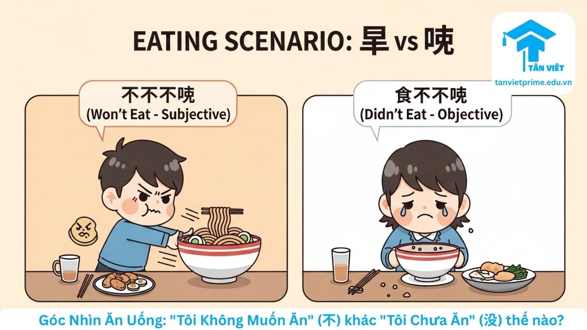 Hình ảnh minh họa sự khác biệt giữa 不 (bù) và 没 (méi) qua ví dụ ăn uống theo phong cách chibi. Bên trái là nhân vật từ chối ăn (不吃 - không muốn ăn), bên phải là nhân vật trước cái bát trống (没吃 - đã không ăn/chưa ăn), giúp người xem hiểu rõ ngữ cảnh sử dụng trong giao tiếp thực tế.